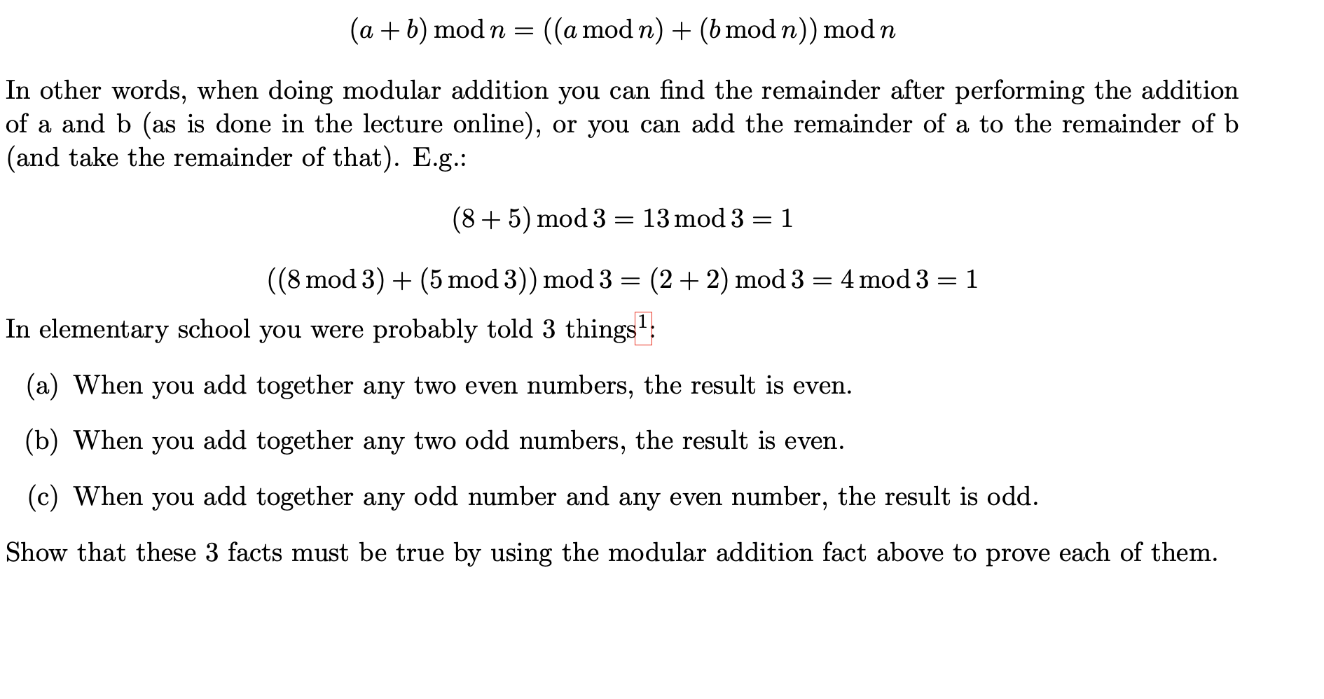 Solved (a+b)modn=((amodn)+(bmodn))modn In Other Words, When | Chegg.com