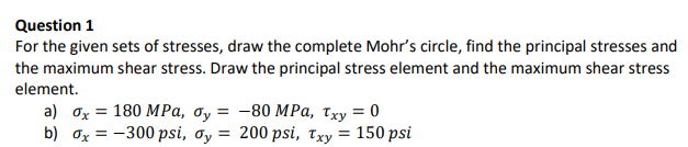 Solved Question 1 For The Given Sets Of Stresses, Draw The | Chegg.com