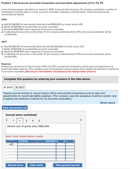 Solved Problem 7-4A Accounts Receivable Transactions And Bad | Chegg.com