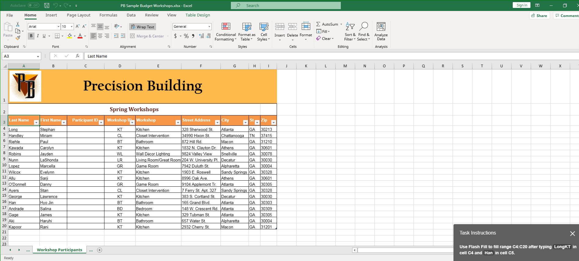 Task Instructions Use Flash Fill to fill range C4C20
