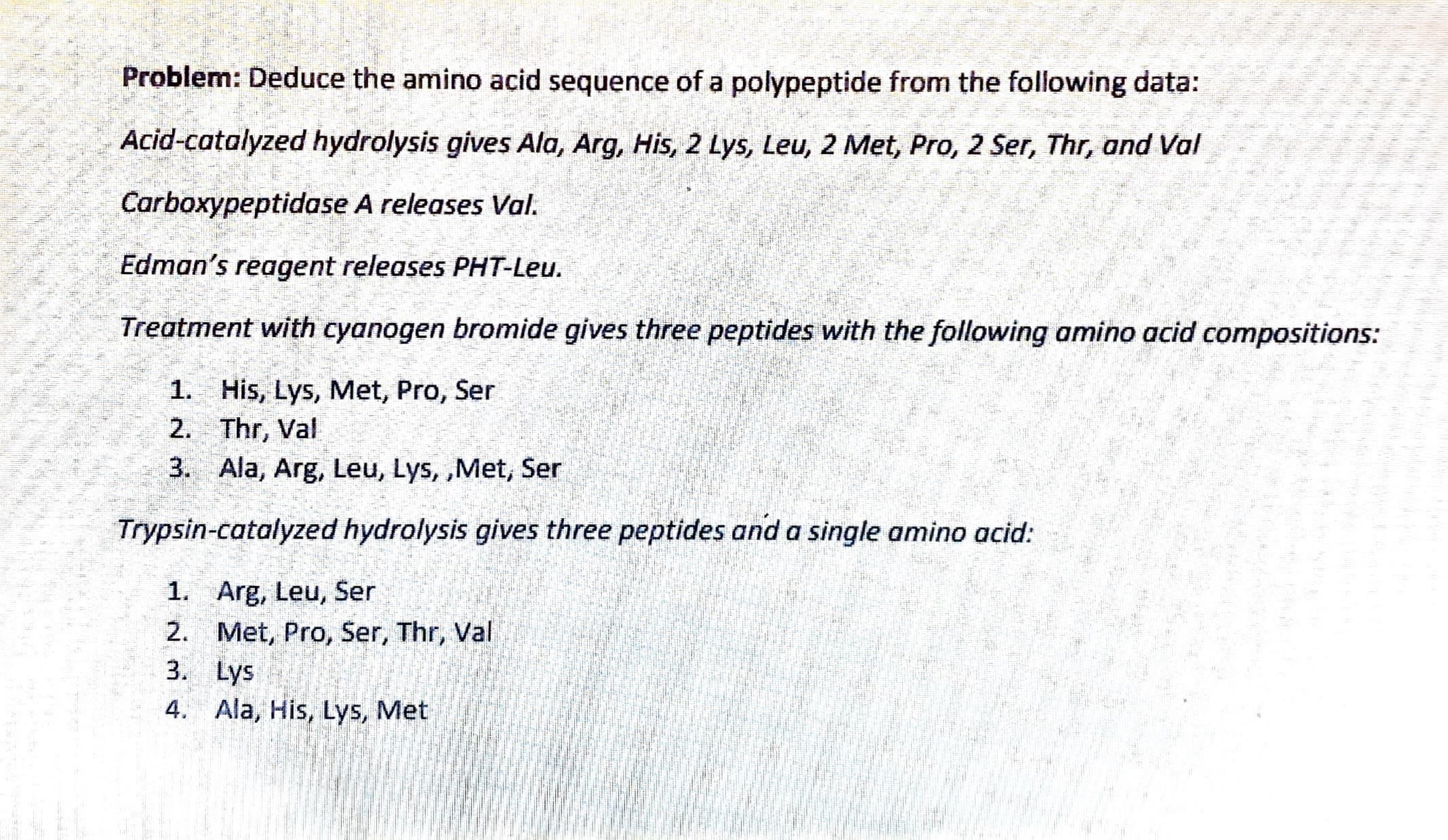 Solved Problem: Deduce The Amino Acid Sequence Of A | Chegg.com