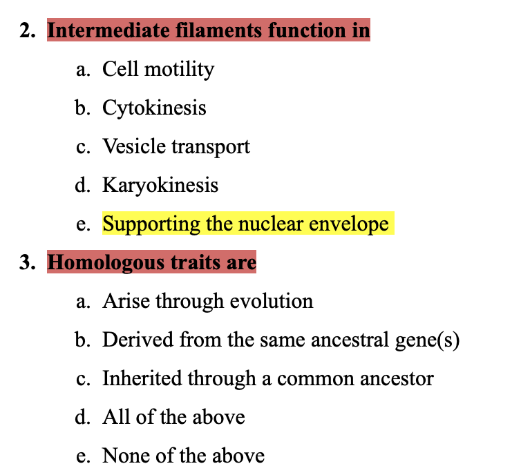 Solved 2. Intermediate filaments function in a. Cell
