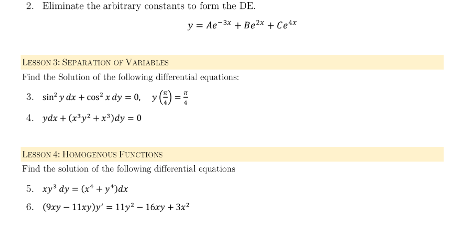 Solved 2. Eliminate The Arbitrary Constants To Form The DE. | Chegg.com