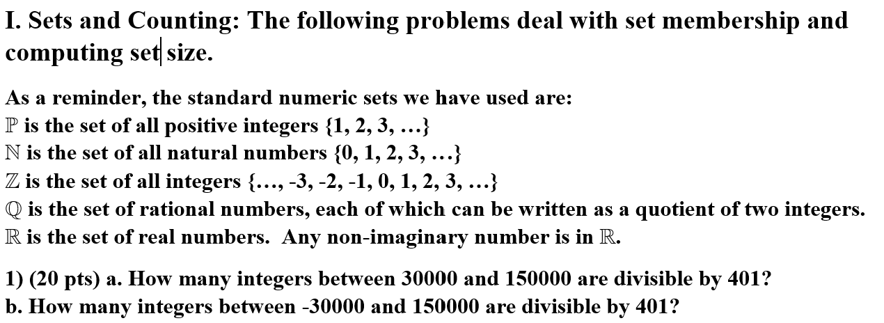 Solved I. Sets and Counting: The following problems deal | Chegg.com