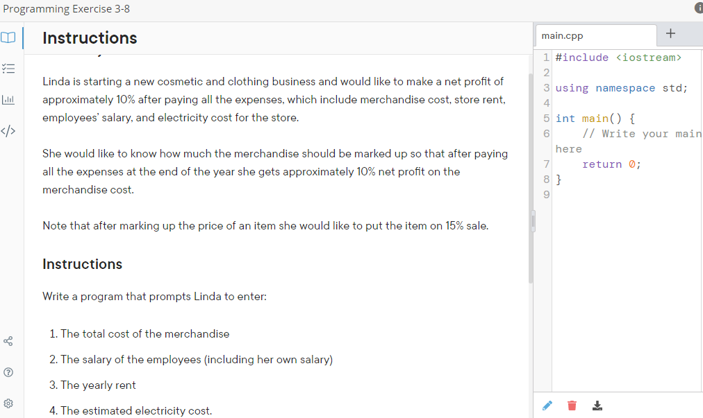 Programming Exercise 3-8 i Instructions main.cpp + | Chegg.com