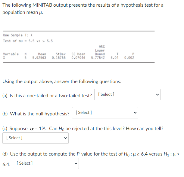 Solved The Following MINITAB Output Presents The Results Of | Chegg.com