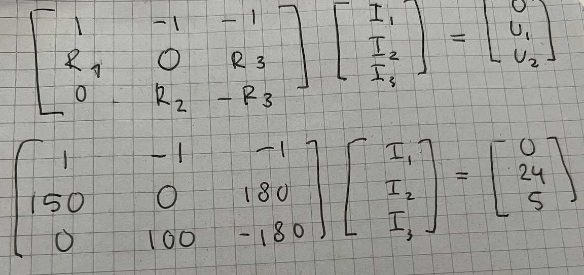 Solved ⎣⎡1R10−10R2−1R3−R3⎦⎤⎣⎡I1I2I3⎦⎤=⎣⎡0U1U2⎦⎤ | Chegg.com