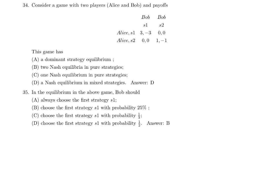 Solved 34. Consider a game with two players (Alice and Bob) | Chegg.com