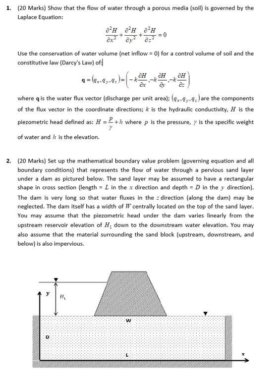 Solved 1. (20 Marks) Show that the flow of water through a | Chegg.com