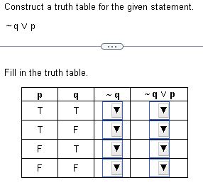 Solved Construct a truth table for the given statement. ∼q∨p | Chegg.com