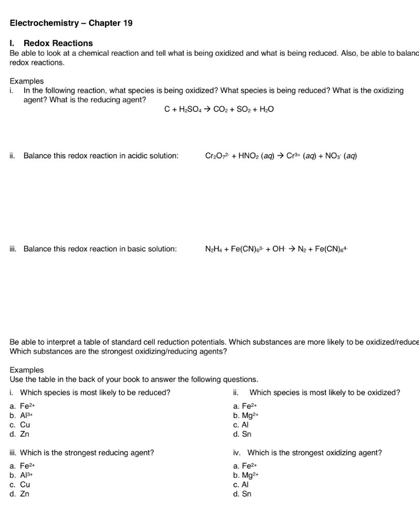 Solved Electrochemistry - Chapter 19 1. Redox Reactions Be | Chegg.com