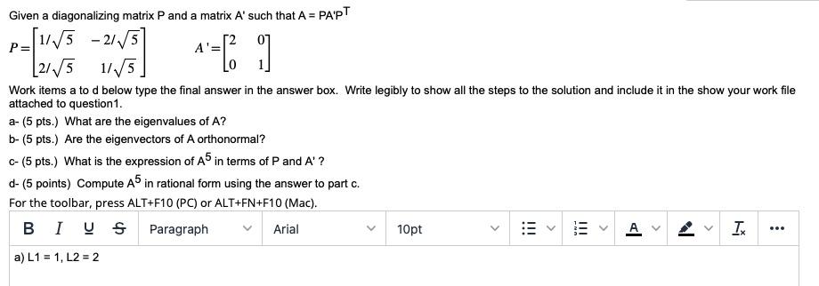 Solved Given a diagonalizing matrix P and a matrix A′ such | Chegg.com