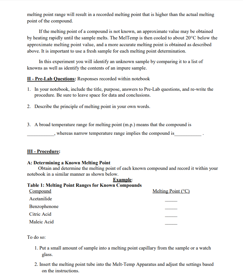 Lab Report 1 Melting Point Determination Experiment