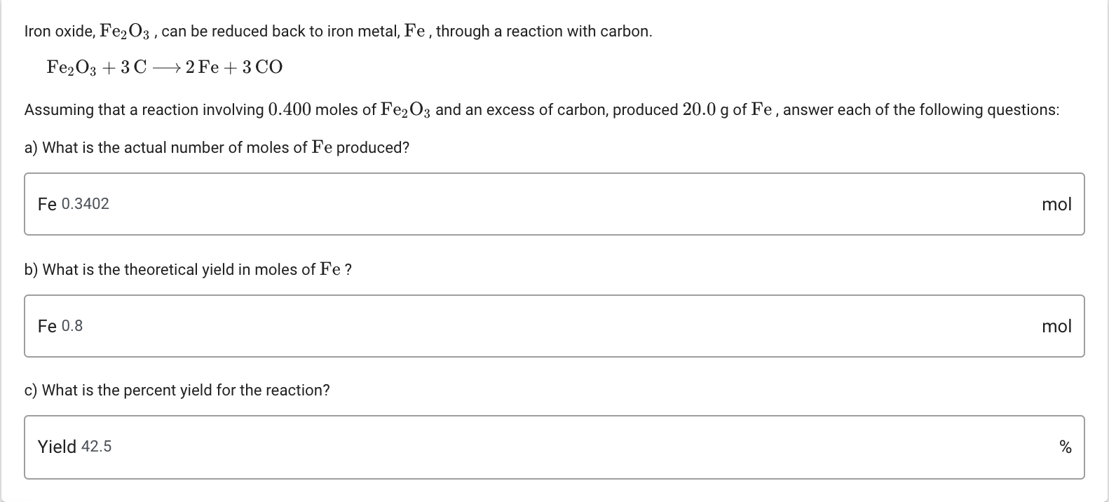 Solved Iron oxide, Fe2O3 , can be reduced back to iron | Chegg.com