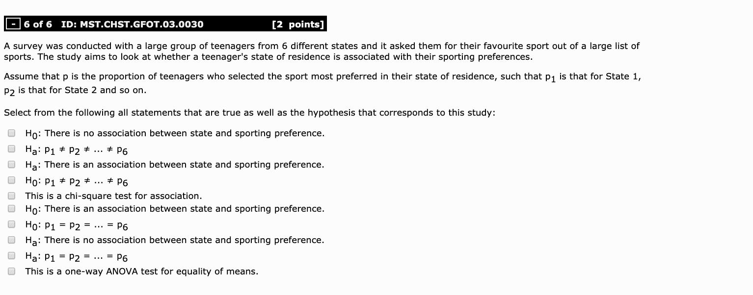 Solved [2 points] 6 of 6 ID: MST.CHST.GFOT.03.0030 A survey | Chegg.com