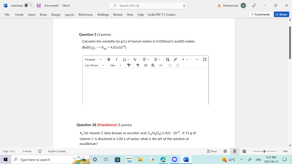 Solved W AutoSave Of H Document1- Word File Home Insert Draw | Chegg.com