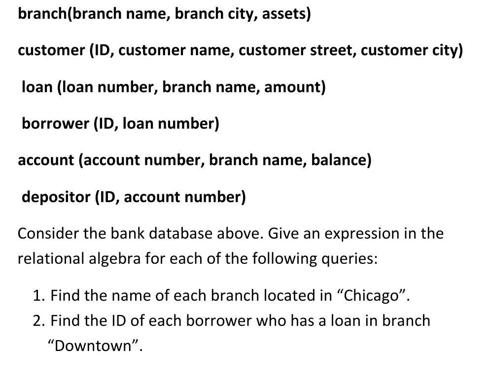 Solved branch(branch name, branch city, assets) 2 customer | Chegg.com