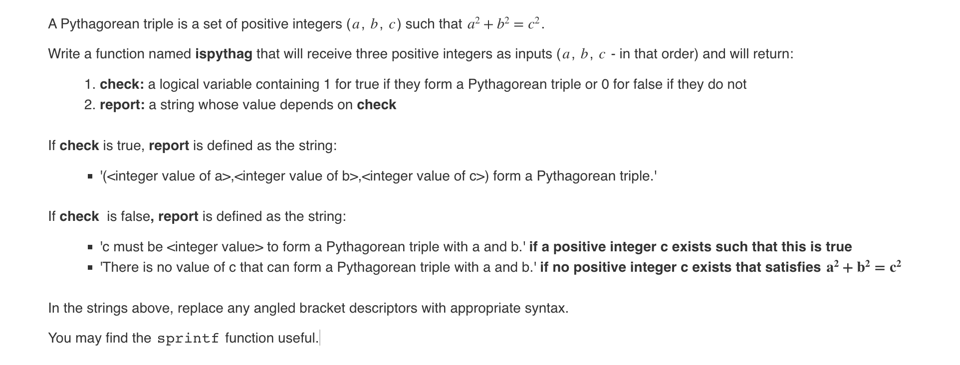Solved A Pythagorean triple is a set of positive integers | Chegg.com