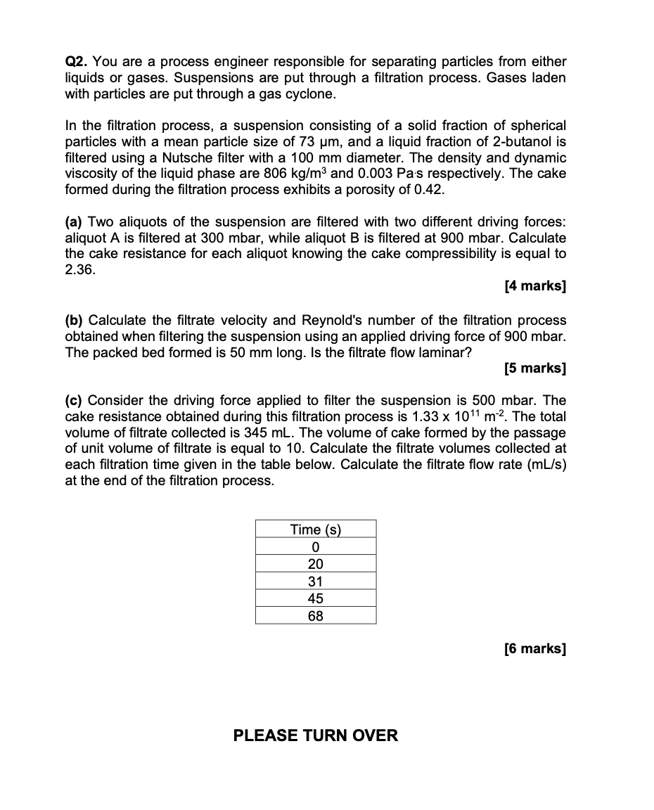 Equation Sheet for Question 2 150(1-82 Filtration | Chegg.com