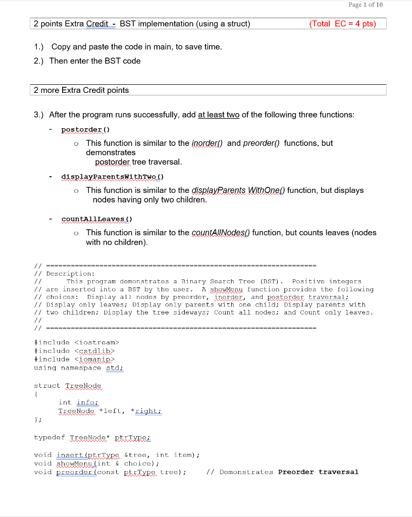 Solved Page 1 of 10 2 points Extra Credit - BST | Chegg.com