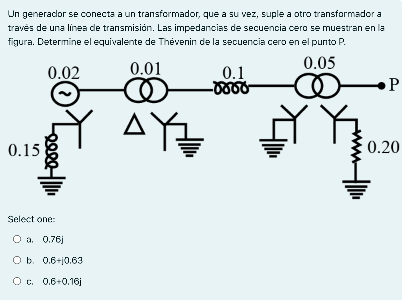 Un generador se conecta a un transformador, que a su vez, suple a otro transformador a través de una línea de transmisión. La