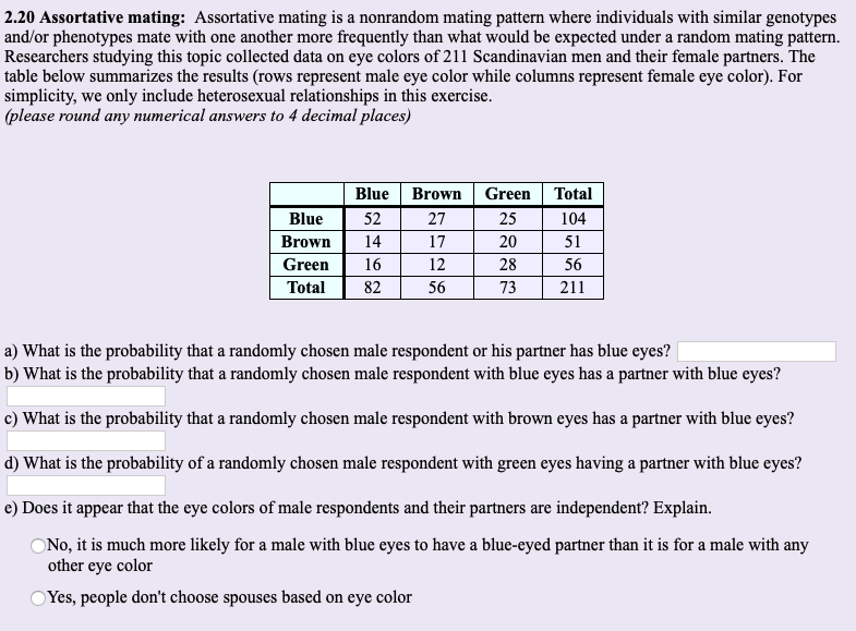 Solved 2.20 Assortative Mating: Assortative Mating Is A | Chegg.com