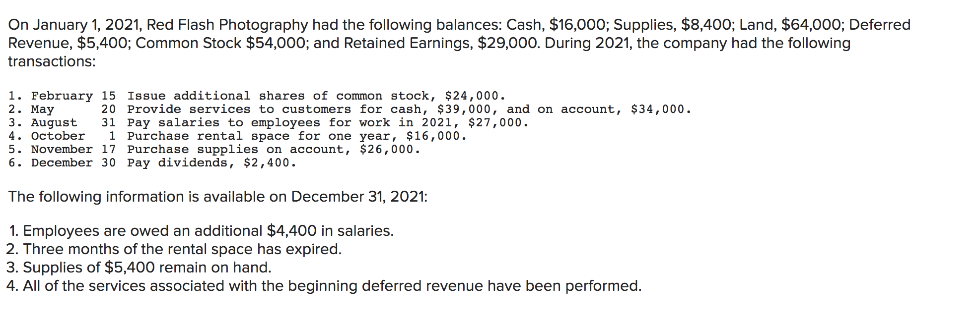 Solved On January 1, 2021, Red Flash Photography had the