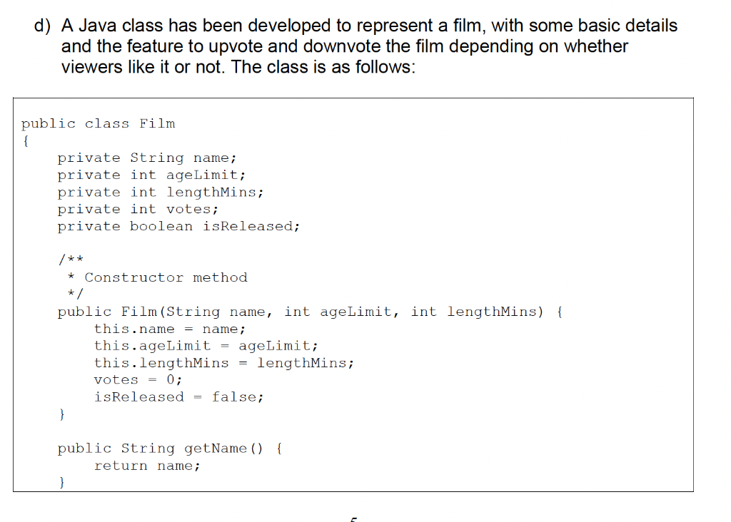 Solved d) A Java class has been developed to represent a | Chegg.com