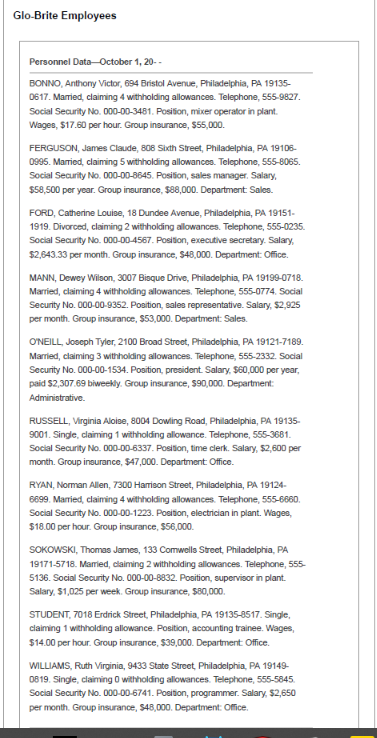 Glo-Brite Employees Personnel Data-October 1, 20- | Chegg.com