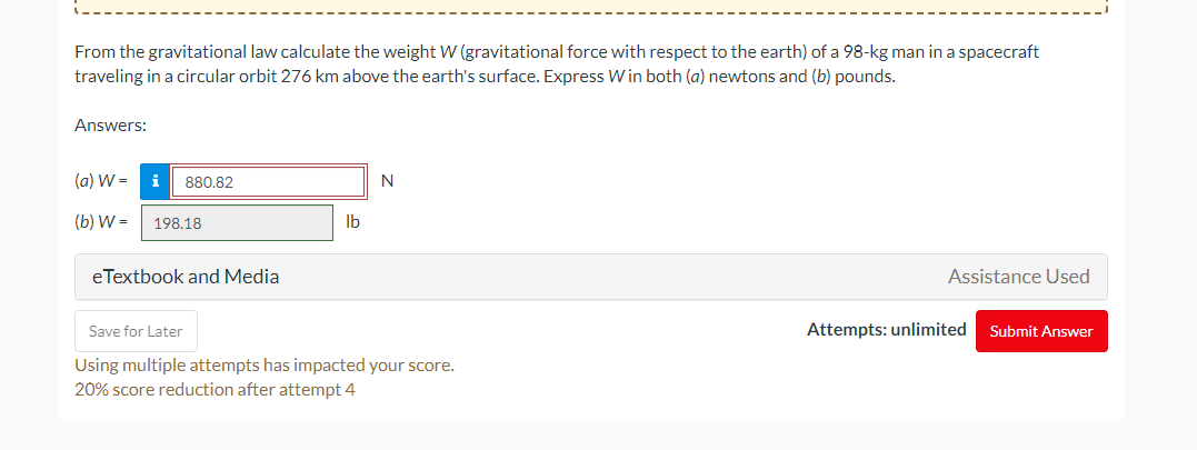 Solved From the gravitational law calculate the weight W Chegg