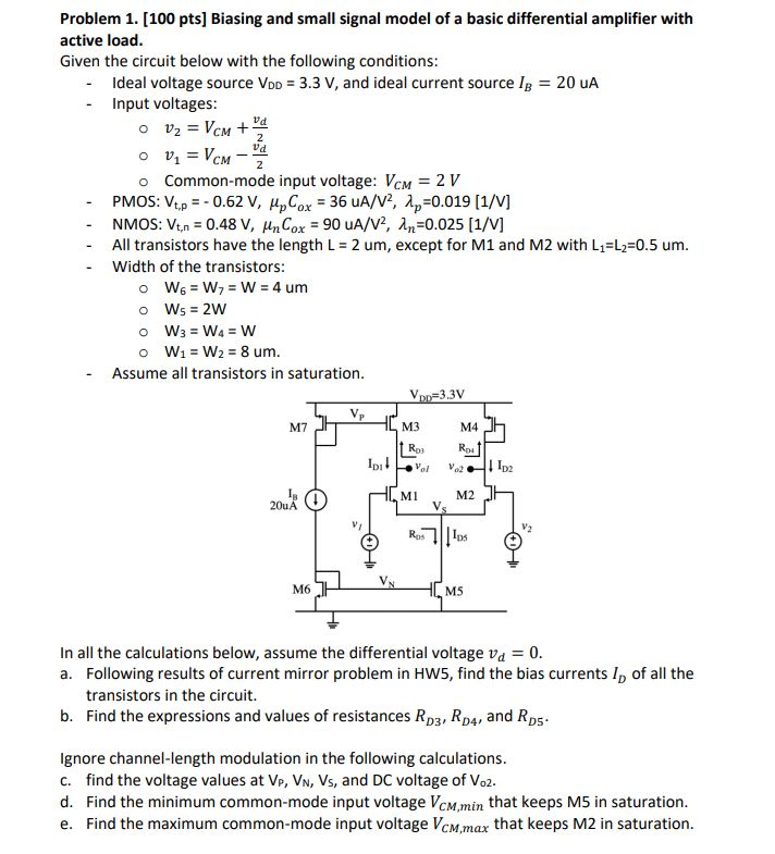 Solved Problem 1. (100 pts) Biasing and small signal model | Chegg.com