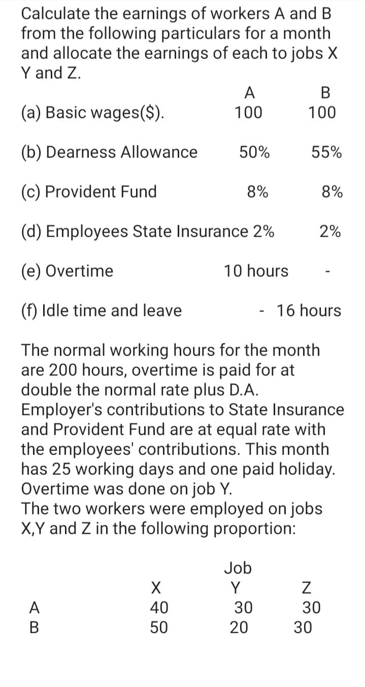 Solved Calculate The Earnings Of Workers A And B From The | Chegg.com