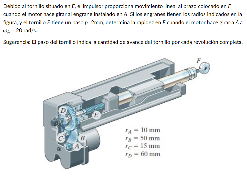 Debido al tornillo situado en \( E \), el impulsor proporciona movimiento lineal al brazo colocado en \( F \) cuando el motor