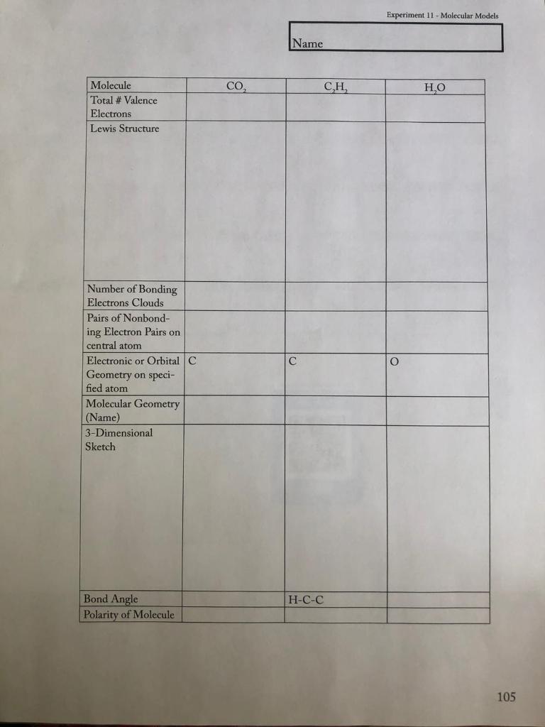 Solved Experiment 11 - Molecular Models Name CO CH, HO | Chegg.com