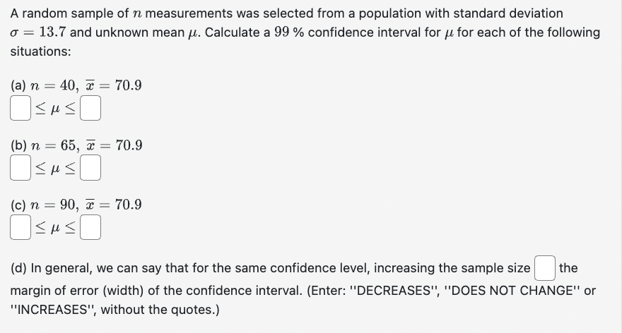 Solved A random sample of n measurements was selected from a | Chegg.com