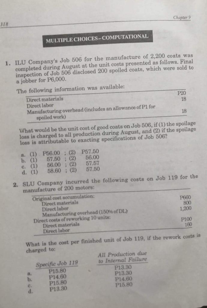 Solved 1. ILU Company's Job 506 for the manufacture of 2,200