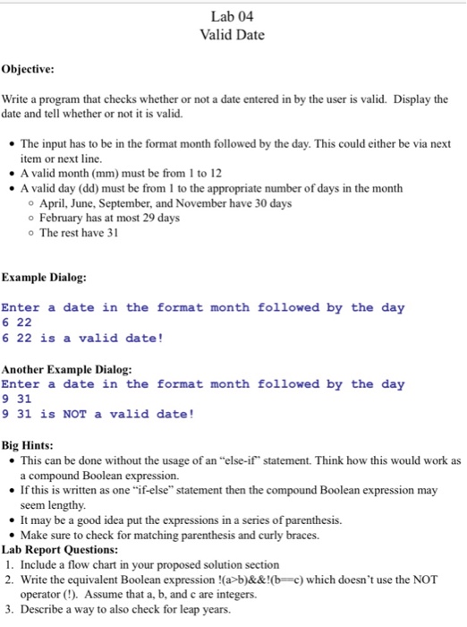 Solved Lab 04 Valid Date Objective: Write a program that | Chegg.com