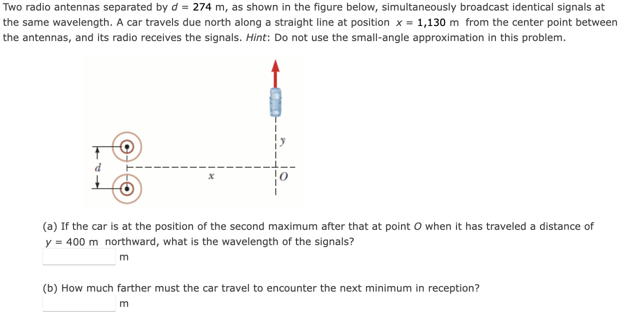 Solved Two radio antennas separated by d = 274 m, as shown | Chegg.com