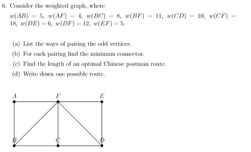 Solved 6. Consider the weighted graph, where W(AB) = 5, | Chegg.com