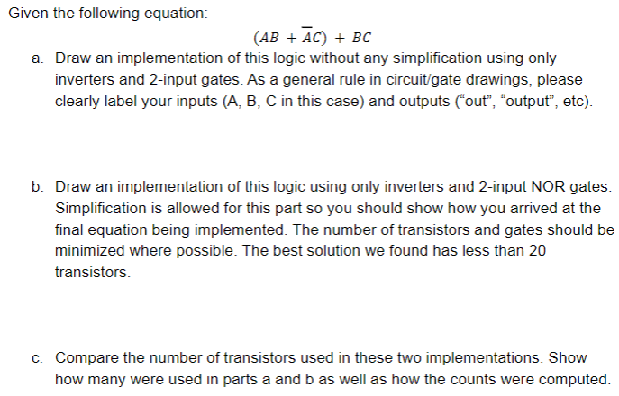 Solved Given The Following Equation: (AB + AC) + BC A. Draw | Chegg.com