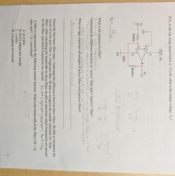 Solved If V In The Op Amp Circuit Below Is 2 Volt What Is Chegg