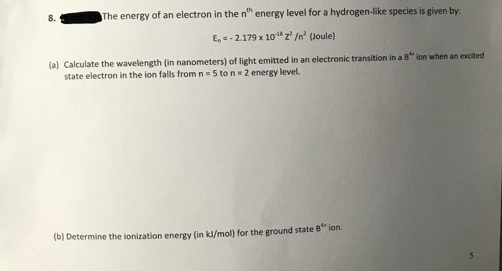 Solved 8. The energy of an electron in the nth energy level | Chegg.com