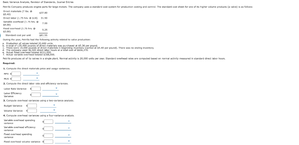 Solved Basic Variance Analysis, Revision of Standards, | Chegg.com