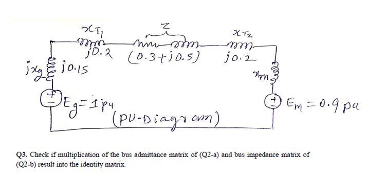 Q3. Check if multiplication of the bus admittance matrix of \( (Q 2-a) \) and bus impedance matrix of \( (\mathrm{Q} 2-\mathr