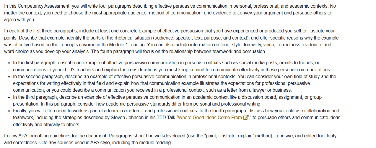 Solved In this Competency Assessment, you will write four | Chegg.com