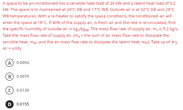 Solved A space to be air-conditioned has a sensible heat | Chegg.com