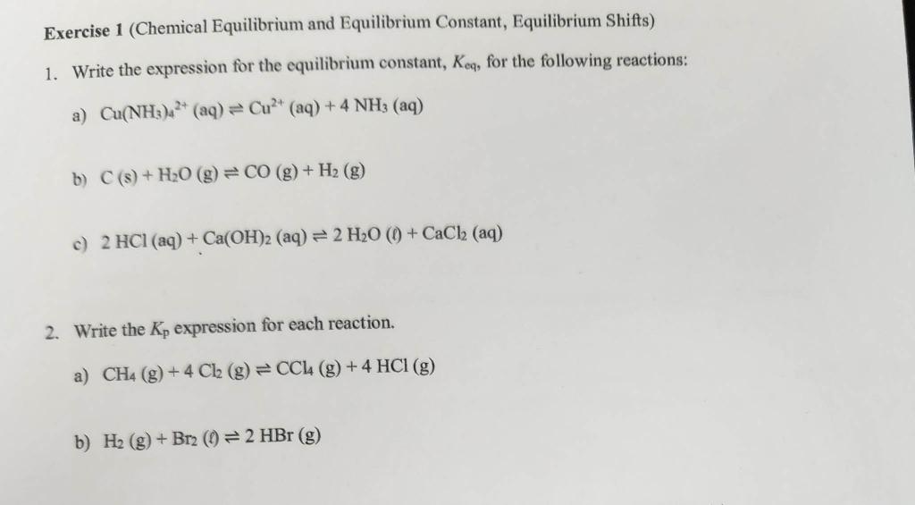 Solved Exercise 1 (Chemical Equilibrium and Equilibrium | Chegg.com