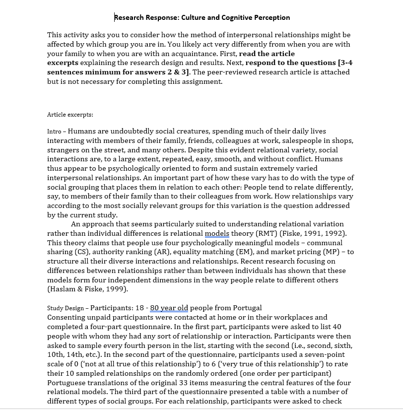 Solved Research Response: Culture and Cognitive Perception | Chegg.com