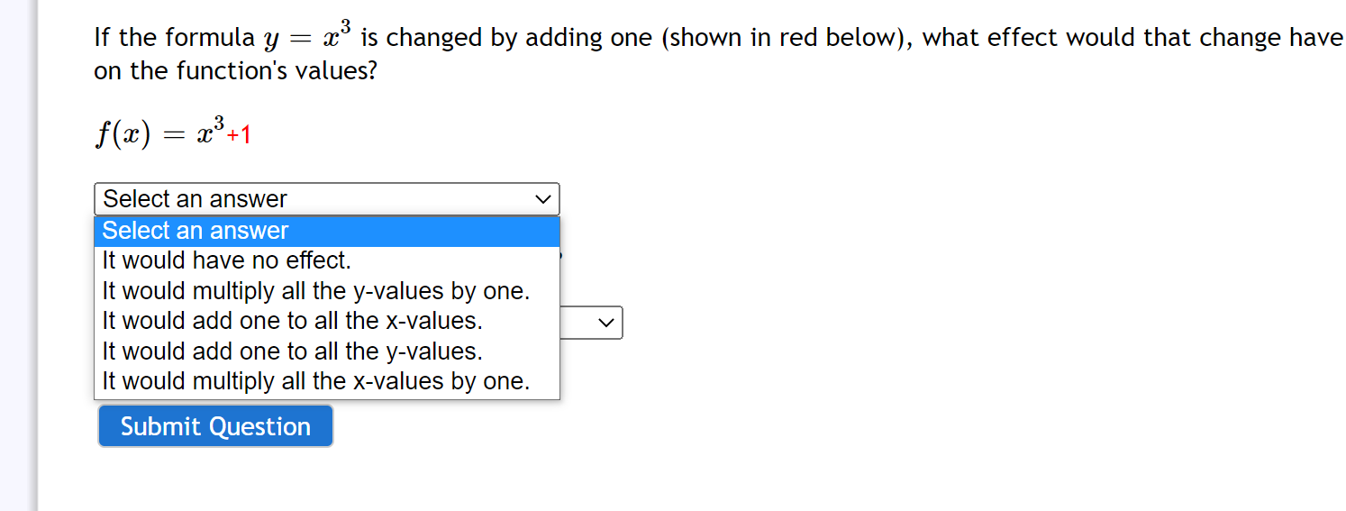 If the formula \( y=x^{3} \) is changed by adding one (shown in red below), what effect would that change have on the functio
