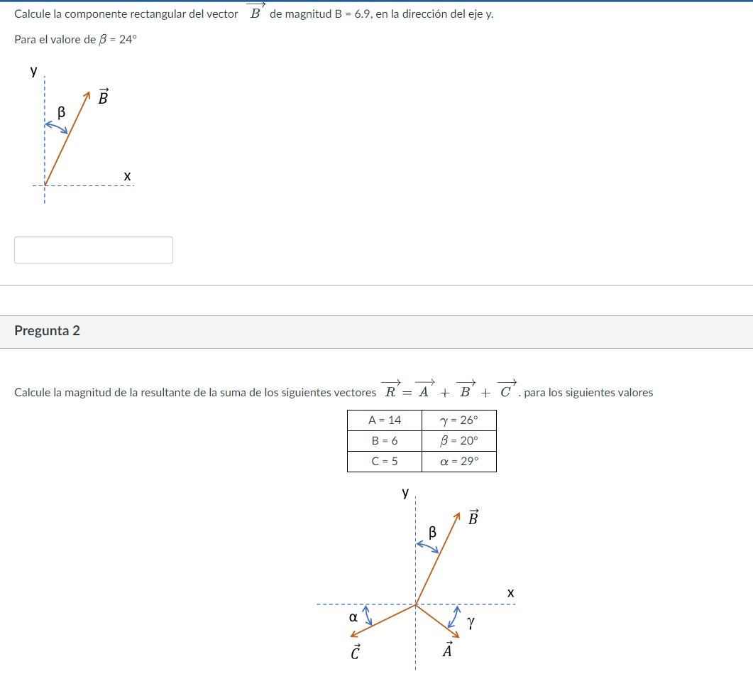 Calcule la componente rectangular del vector \( \vec{B} \) de magnitud \( \mathrm{B}=6.9 \), en la dirección del eje \( y \).